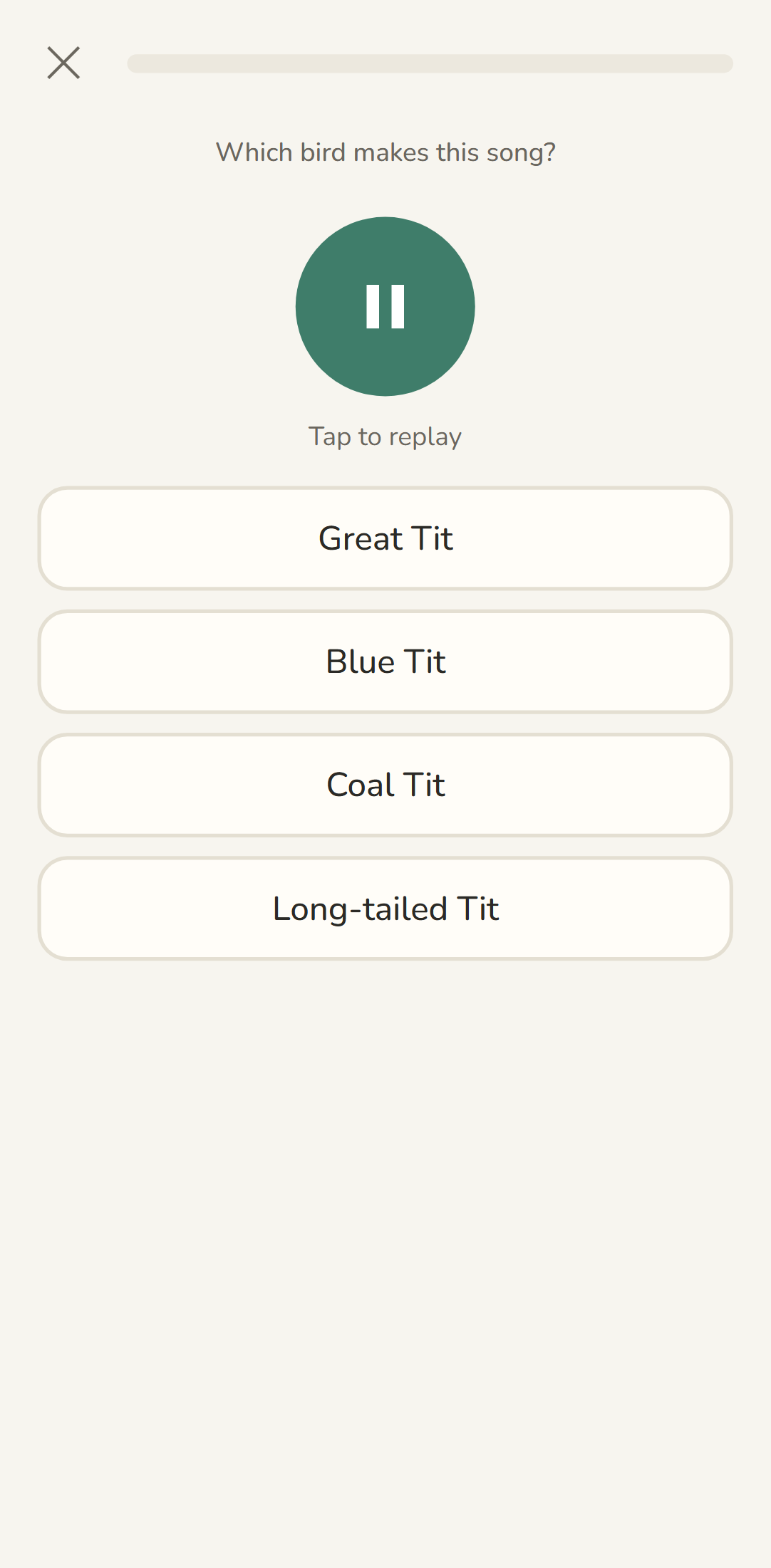 Learn Birds quiz. Which bird makes this song with a play button and name options